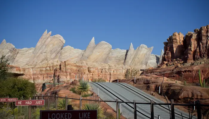 The desert rock formations and themed landscape of Cars Land at Disney California Adventure in 2012.